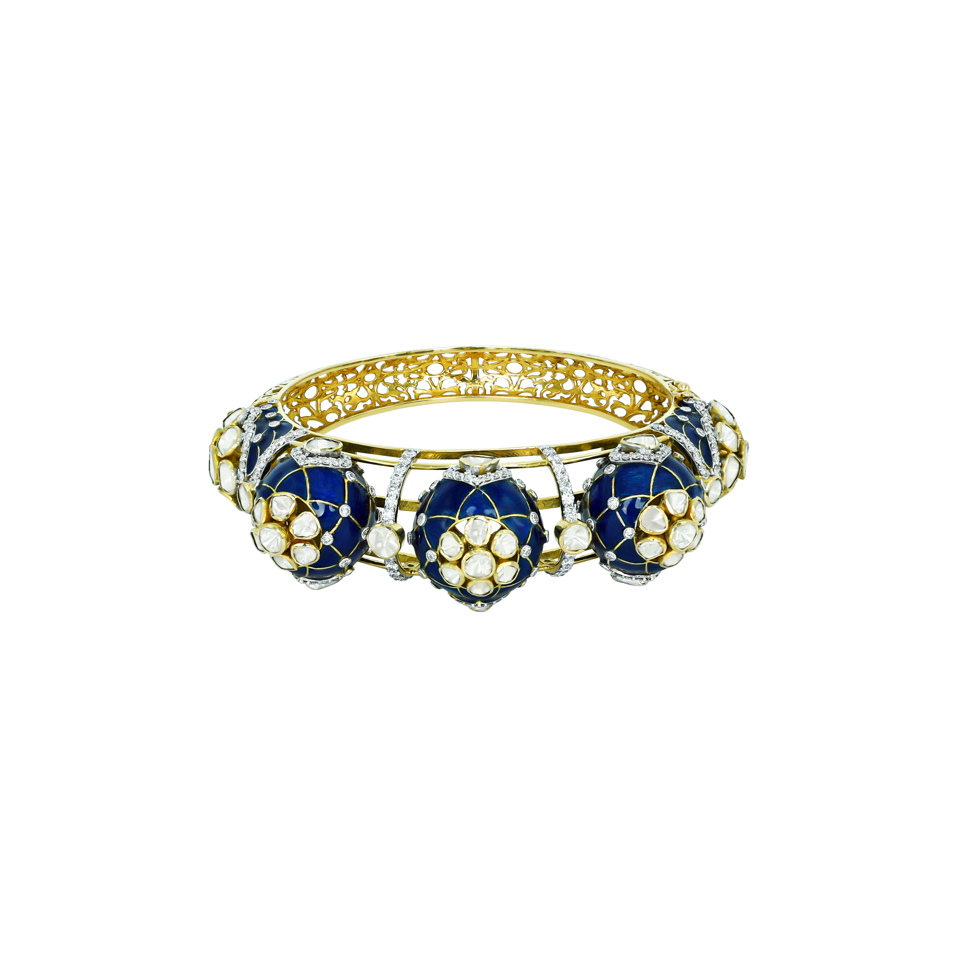 Dome Polki Bangle with Deep Blue Enamel and Lattice Sides